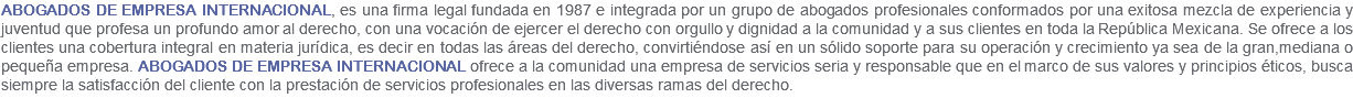 ABOGADOS DE EMPRESA INTERNACIONAL, es una firma legal fundada en 1987 e integrada por un grupo de abogados profesionales conformados por una exitosa mezcla de experiencia y juventud que profesa un profundo amor al derecho, con una vocación de ejercer el derecho con orgullo y dignidad a la comunidad y a sus clientes en toda la República Mexicana. Se ofrece a los clientes una cobertura integral en materia jurídica, es decir en todas las áreas del derecho, convirtiéndose así en un sólido soporte para su operación y crecimiento ya sea de la gran,mediana o pequeña empresa. ABOGADOS DE EMPRESA INTERNACIONAL ofrece a la comunidad una empresa de servicios seria y responsable que en el marco de sus valores y principios éticos, busca siempre la satisfacción del cliente con la prestación de servicios profesionales en las diversas ramas del derecho.